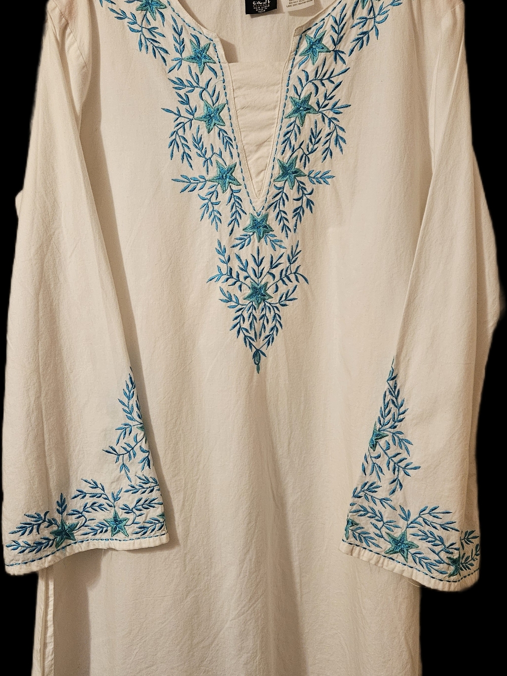 White Embroidered Tunic with Teal Floral Accent - Picture 11 of 11